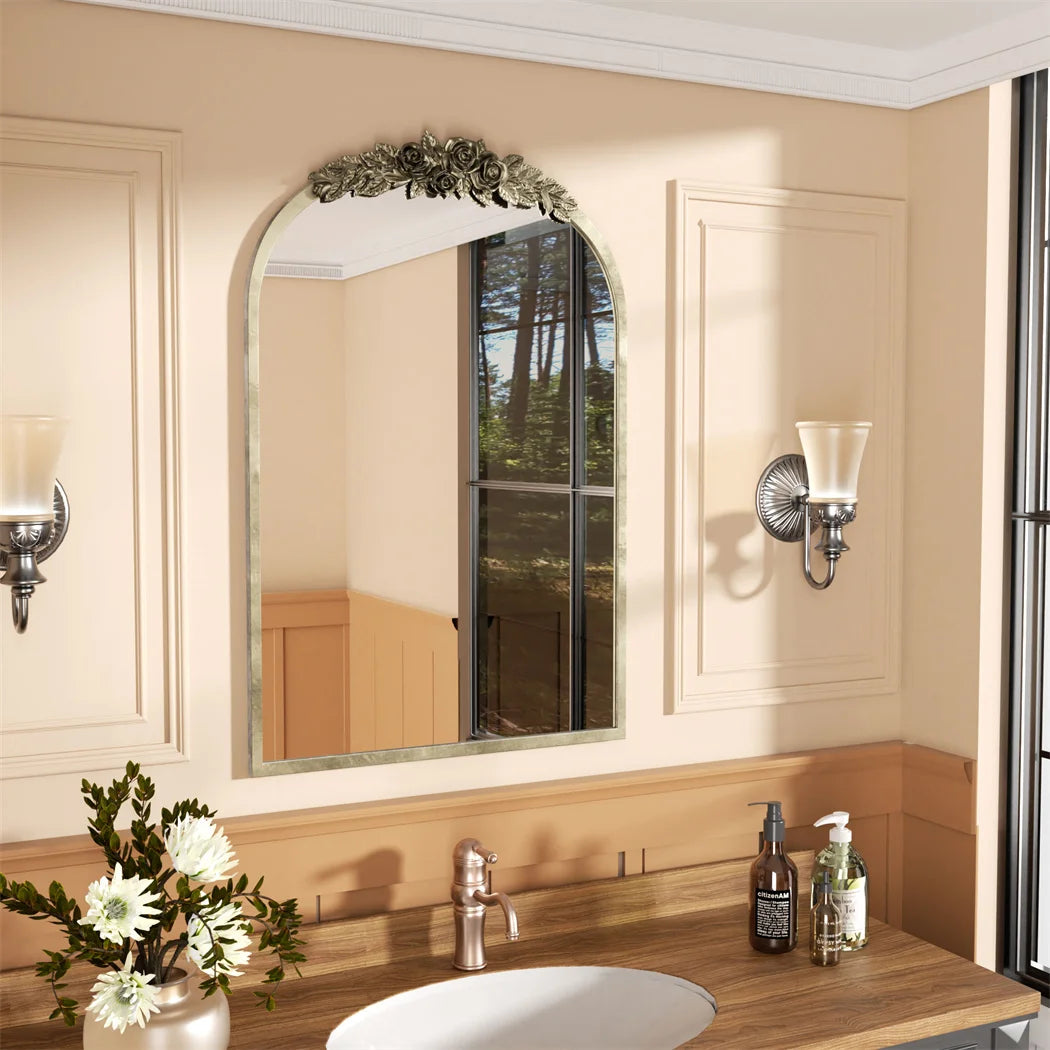 Arched Antique Brass Wall Mirror, Metal Frame Adorned with Resin Rose Pattern