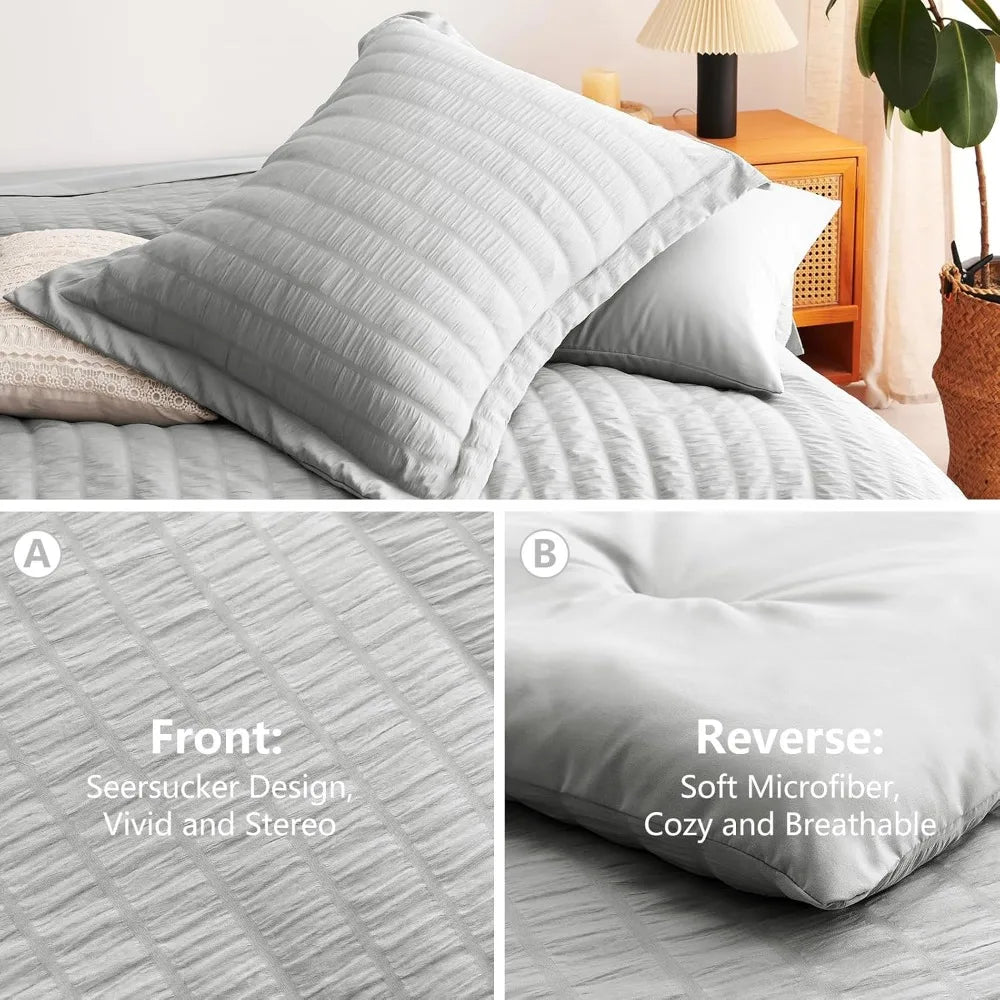 CozyLux King Seersucker Comforter Set with Light Grey Bed in a Bag 7-Pieces All Season Bedding Sets with Comforter, Pillow Sham,