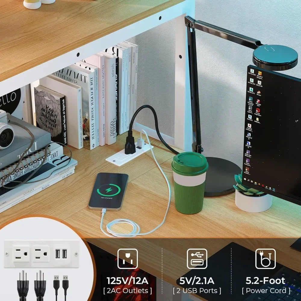Twin Loft Bed with L-Shaped Desk, LED Lights, Charging Station with 3 Storage Shelves and 3 Fabric Drawers