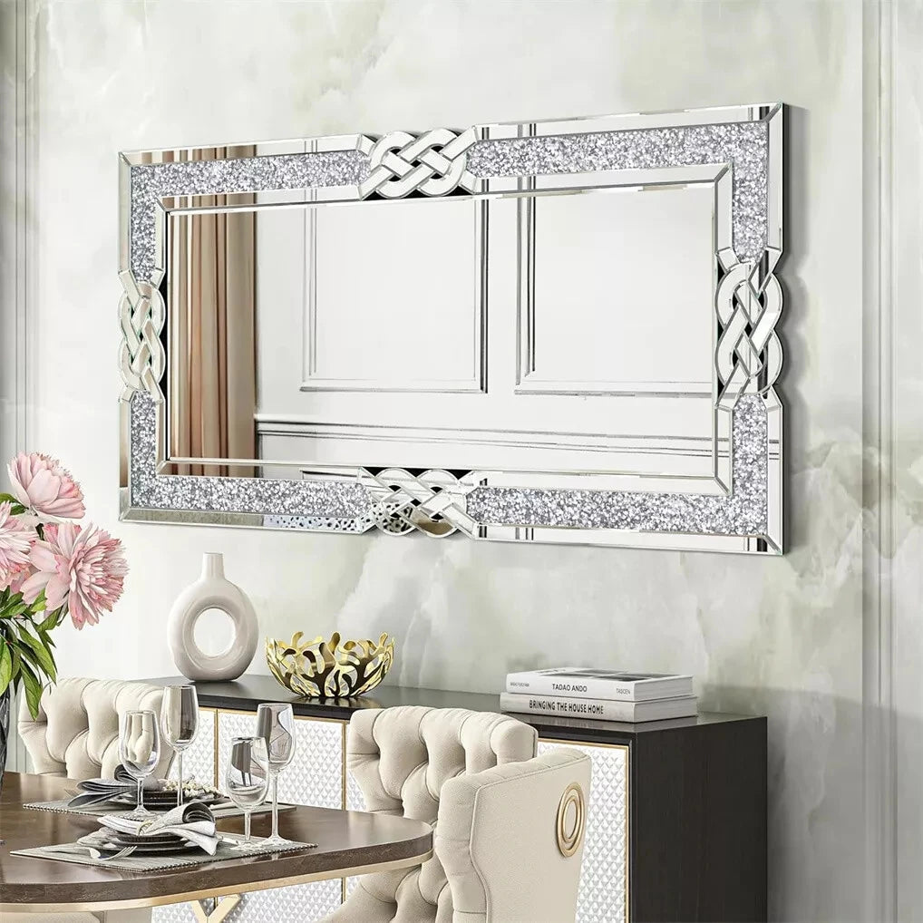 Crushed Diamond Wall Mirror, Decorative Glam Bling Crystal Frame Edge