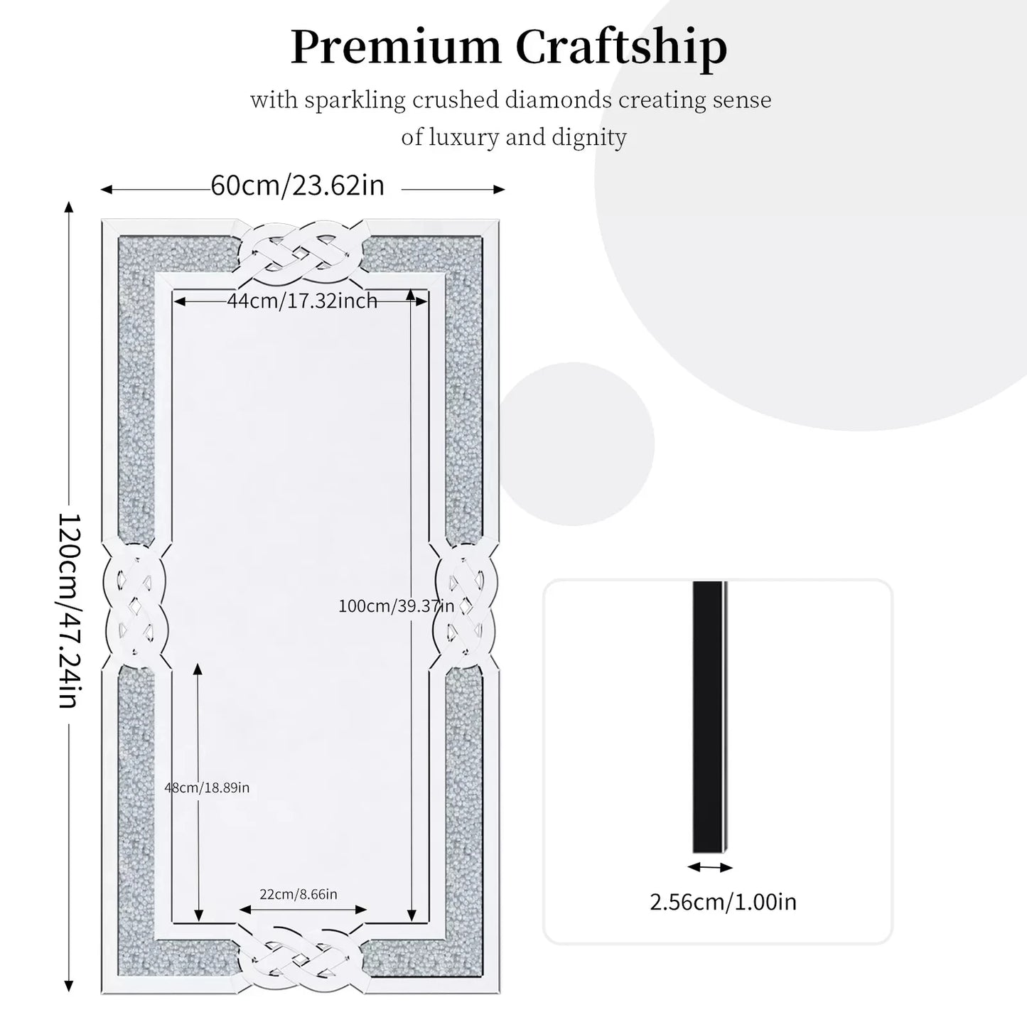 Crushed Diamond Wall Mirror, Decorative Glam Bling Crystal Frame Edge