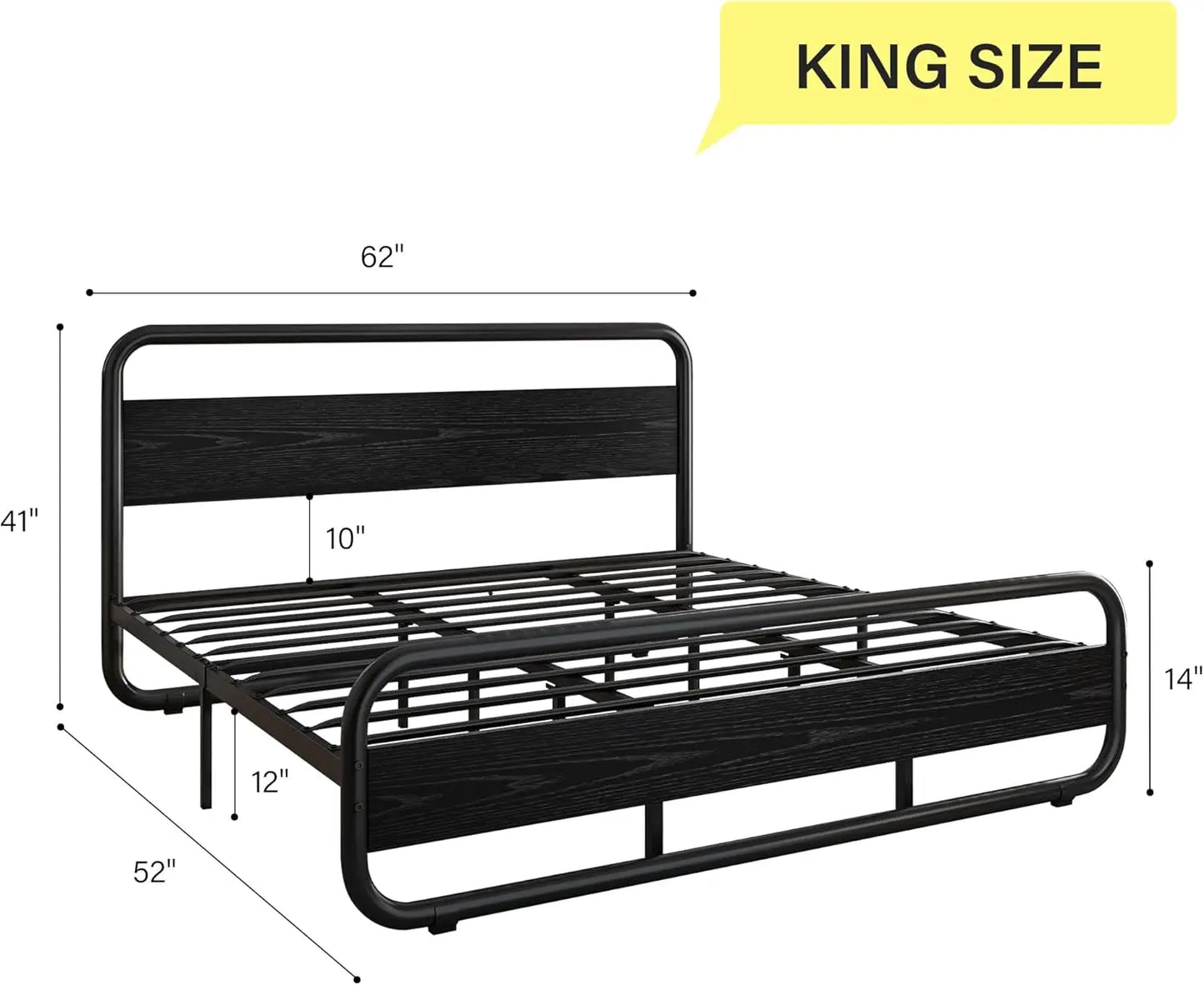 King Size Metal Bed Frame with LED Headboard and Footboard, Rustic Industrial Heavy Frame