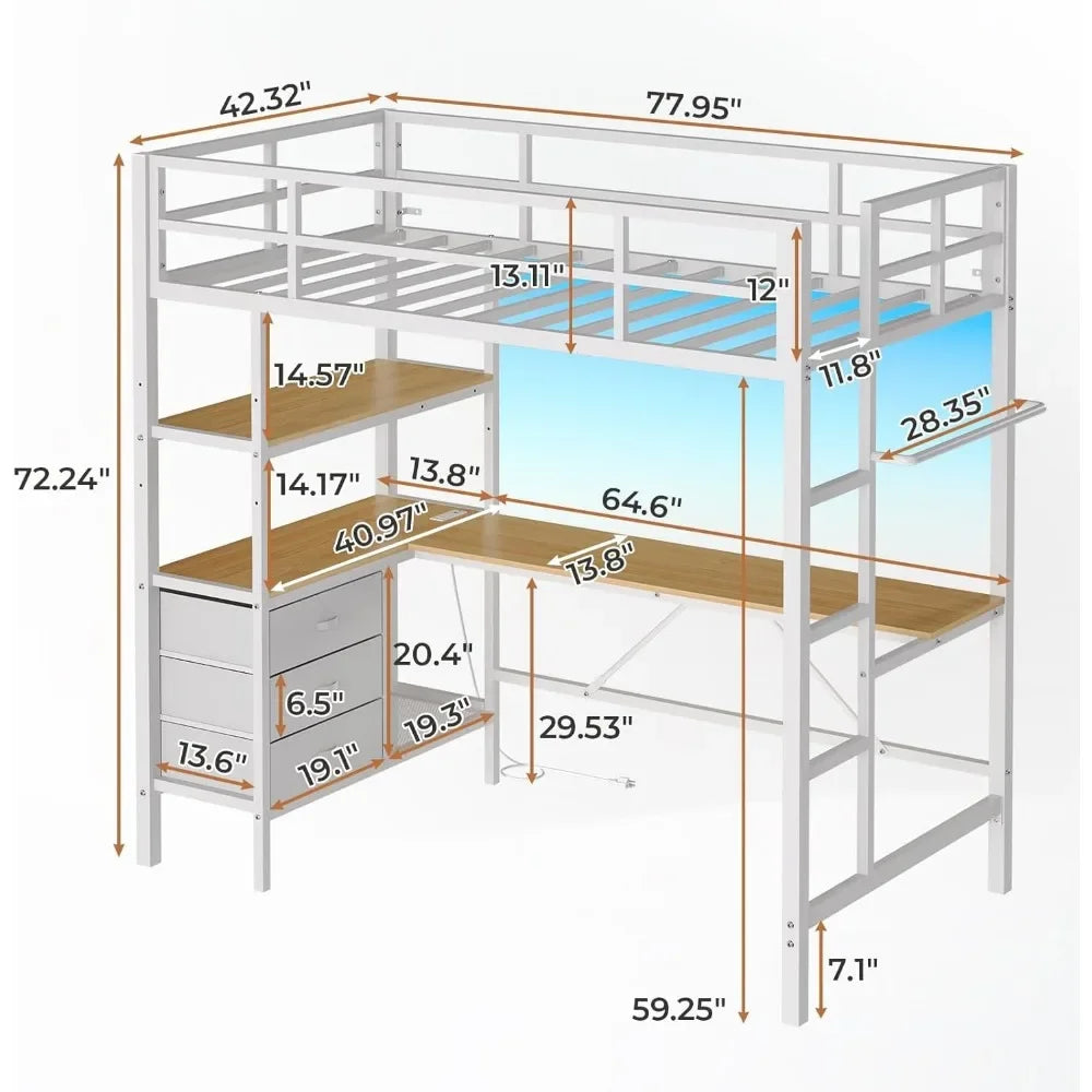 Twin Loft Bed with L-Shaped Desk, LED Lights, Charging Station with 3 Storage Shelves and 3 Fabric Drawers