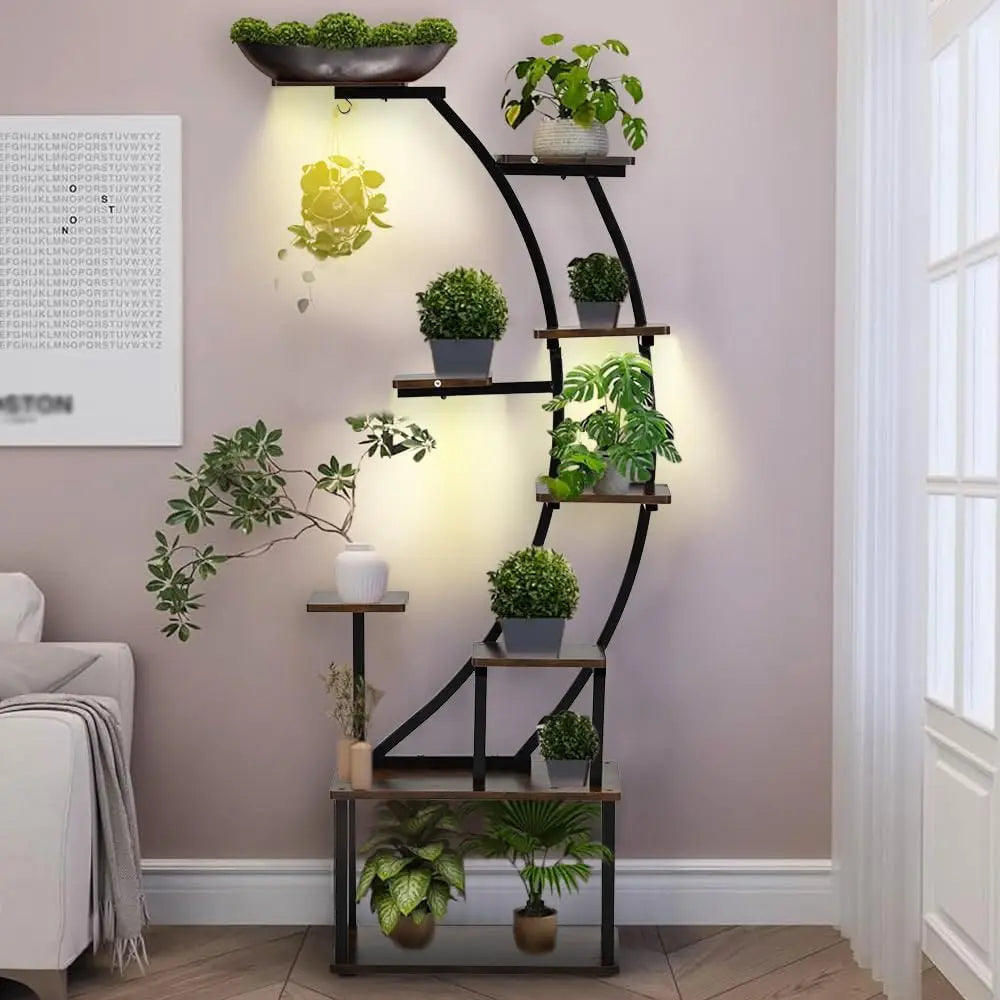 9 Tiered Black Plant Stand with Grow Light for Indoor Plants, 60"