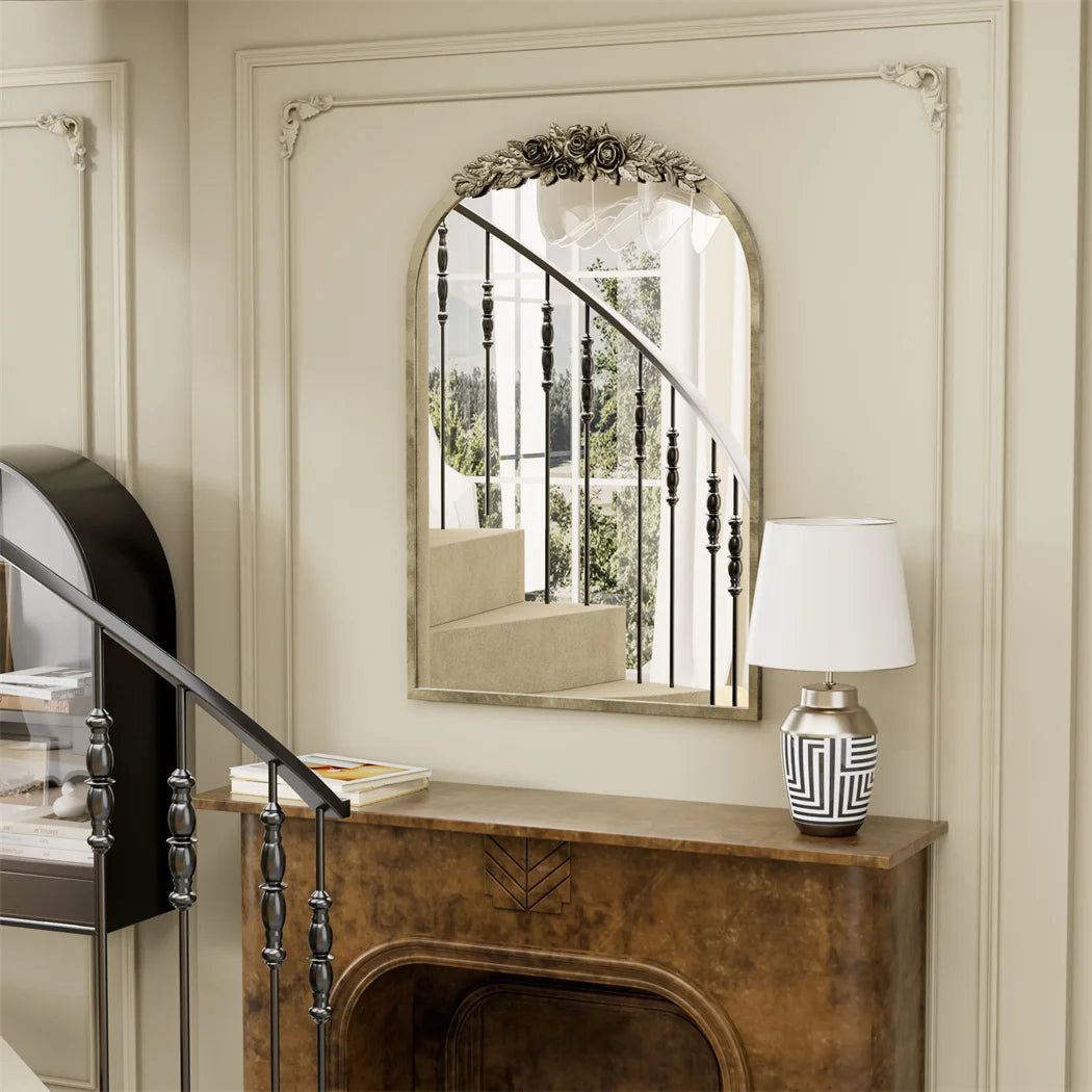 Arched Antique Brass Wall Mirror, Metal Frame Adorned with Resin Rose Pattern