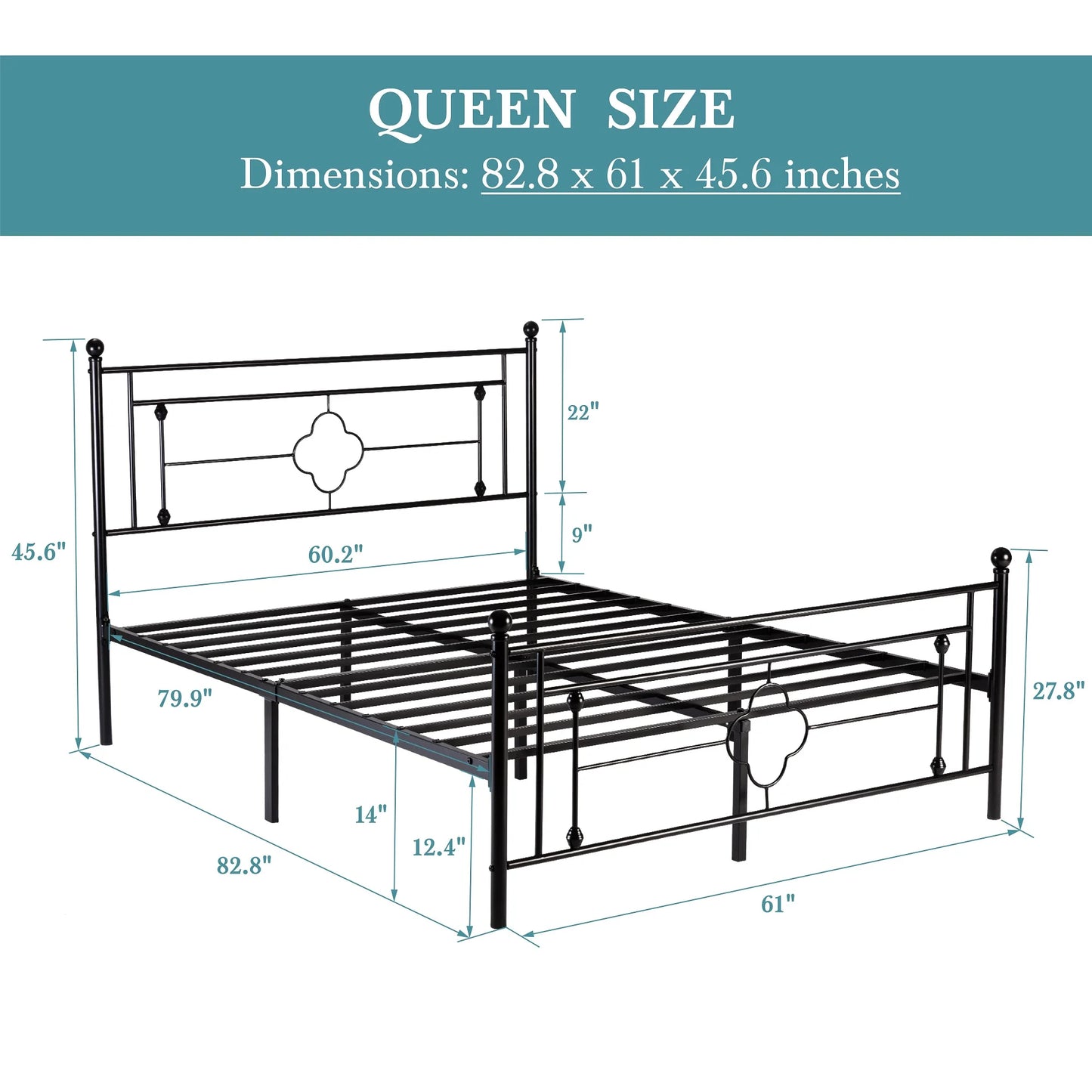 14 Inch Platform Bed Frame, Vintage Victorian Style, Wrought Iron Headboard and Footboard