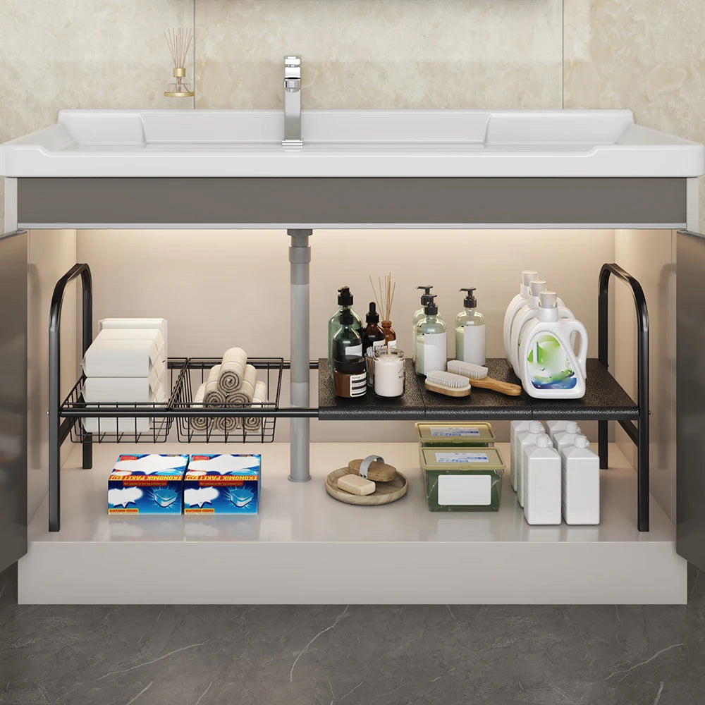 Set Expandable Cabinet Shelf Organizer Storage Rack With Removable Baskets