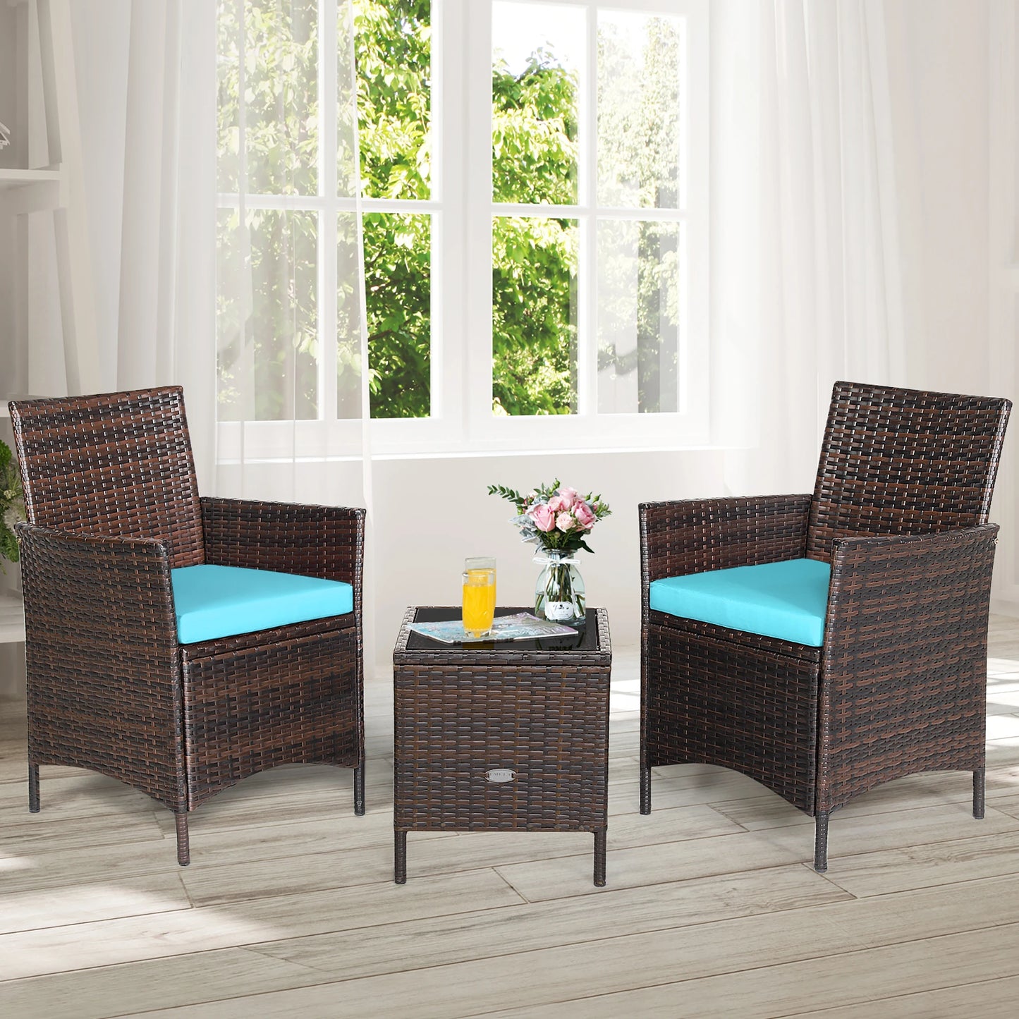 3 PCS Rattan Furniture Set with Cushions and glass top table.
