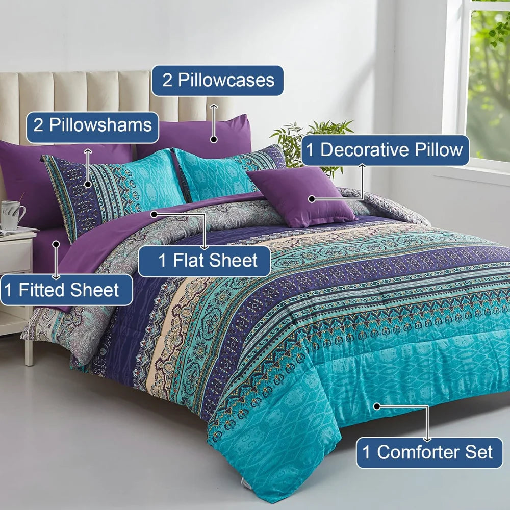 Comforter Set King Size 8 Piece Bed in a Bag, Bohemian Striped Quilt Set, Duvet Cover Sets
