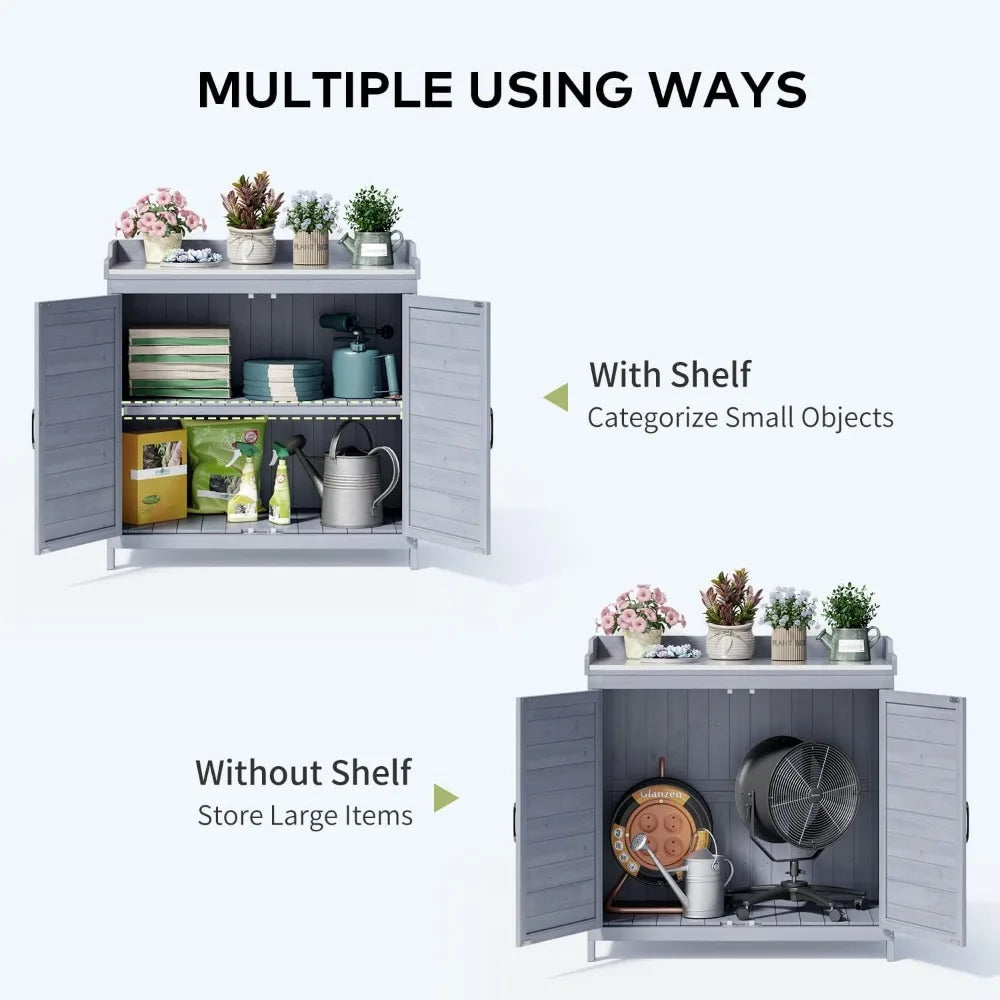 Garden Wooden Storage Cabinet with Adjustable Shelf, Double Doors with Work Bench.