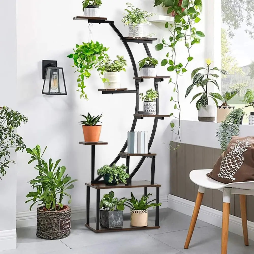 9 Tiered Black Plant Stand with Grow Light for Indoor Plants, 60"