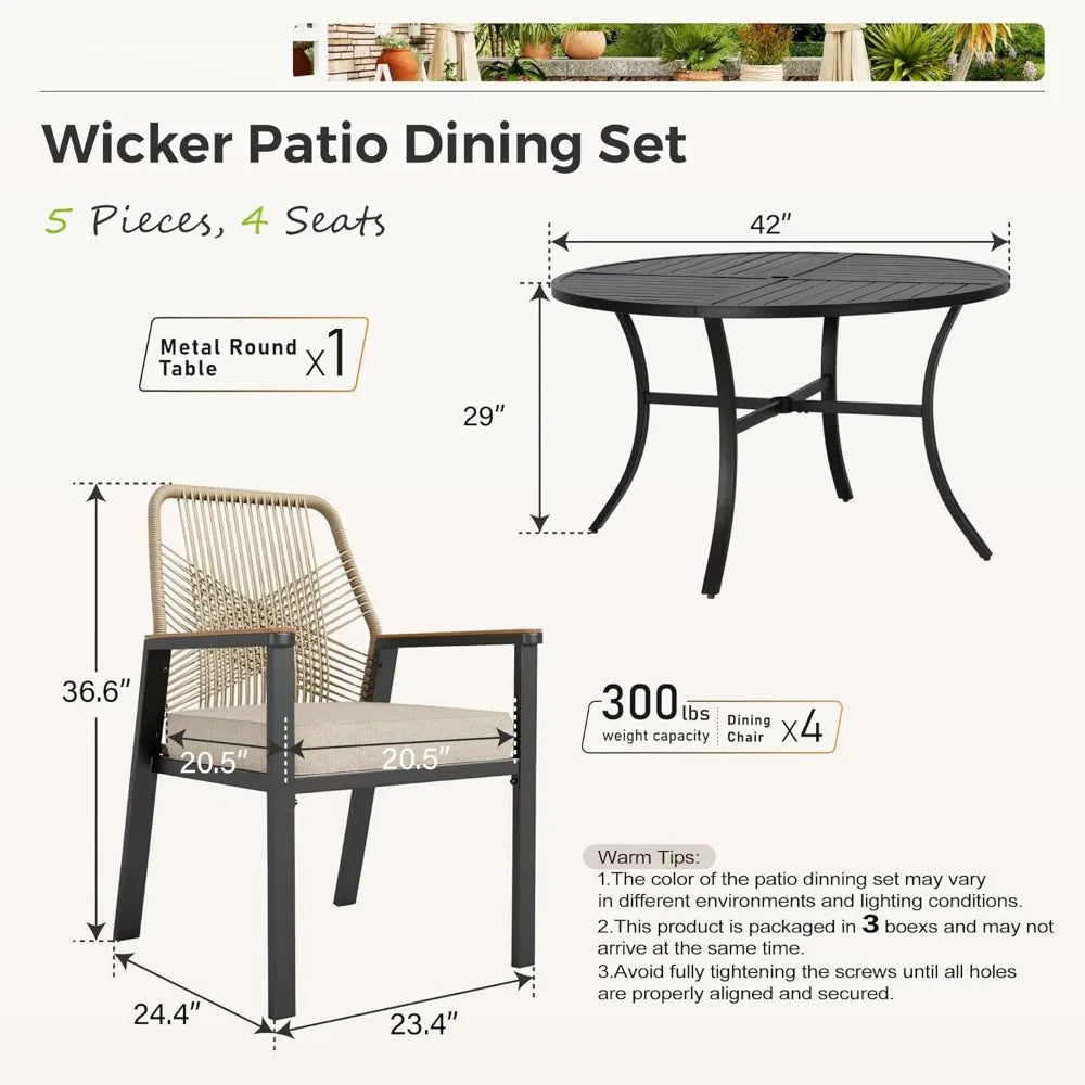 5 PC wicker, upholstered cane chairs and a 42-inch round table