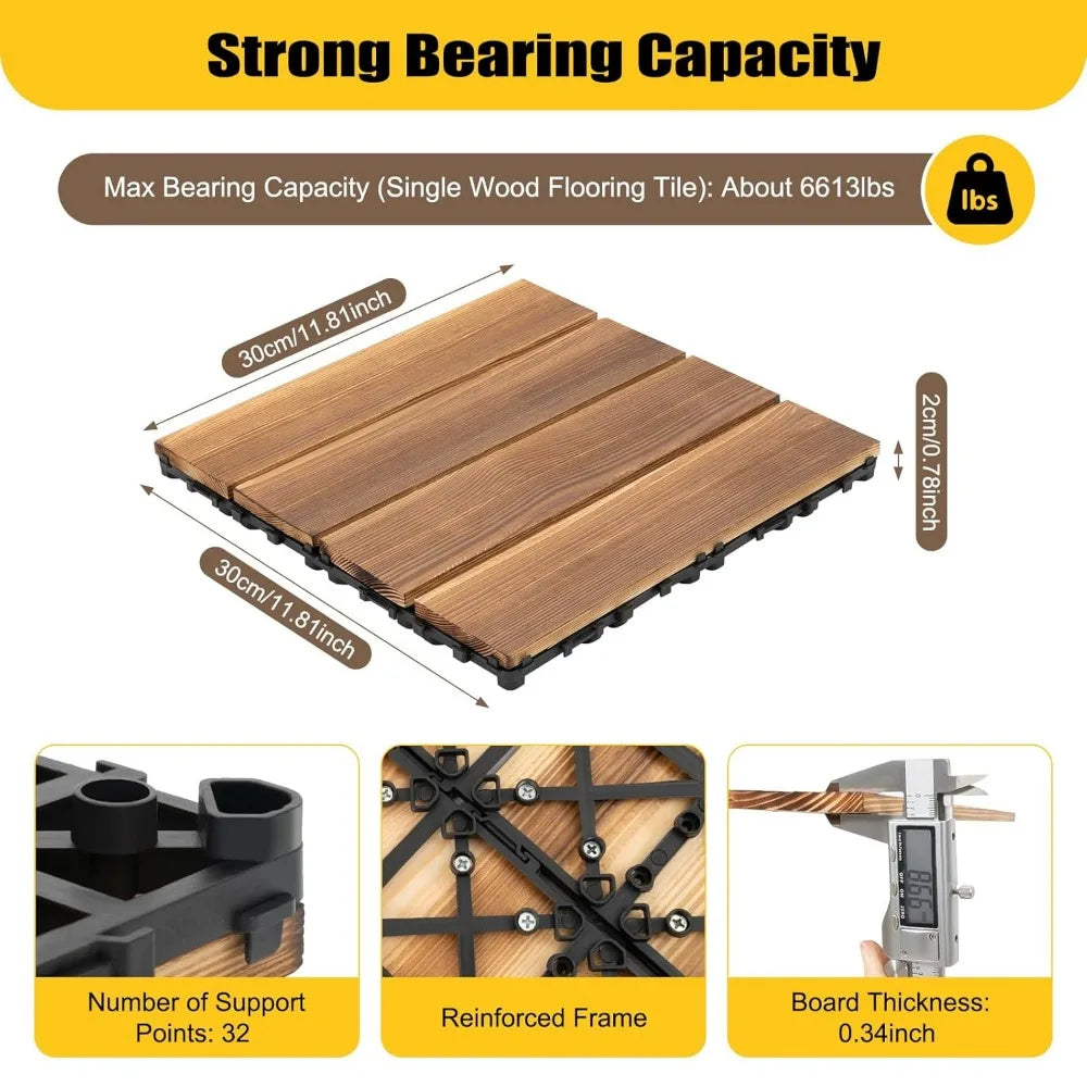 36 Pack Hardwood Interlocking Patio Deck Tiles 12" x 12" x 1" Waterproof, Brown Tiles