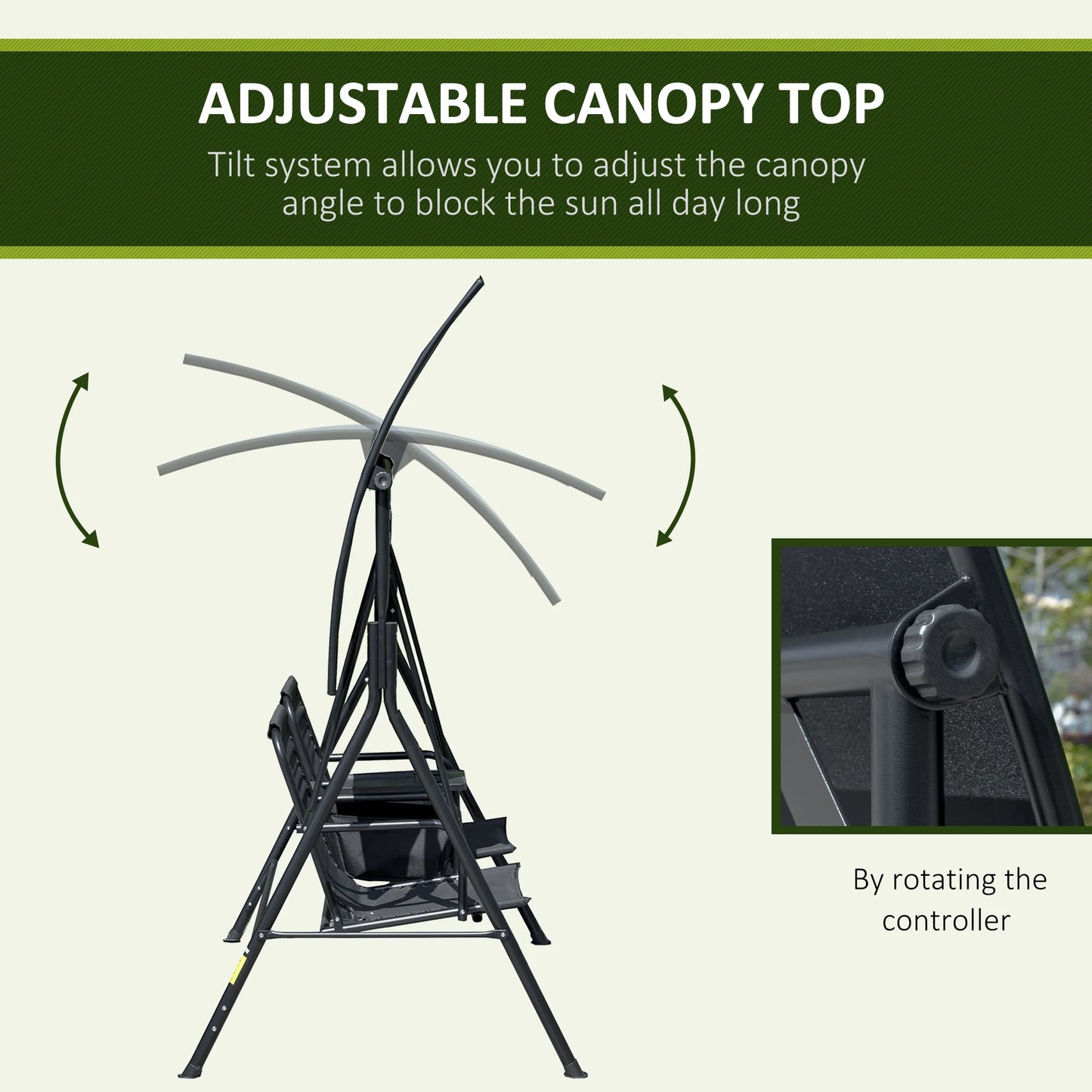 2 Person Outdoor Swing Chair for Porch, Patio, Storage, Tray, Cup Holders, Black