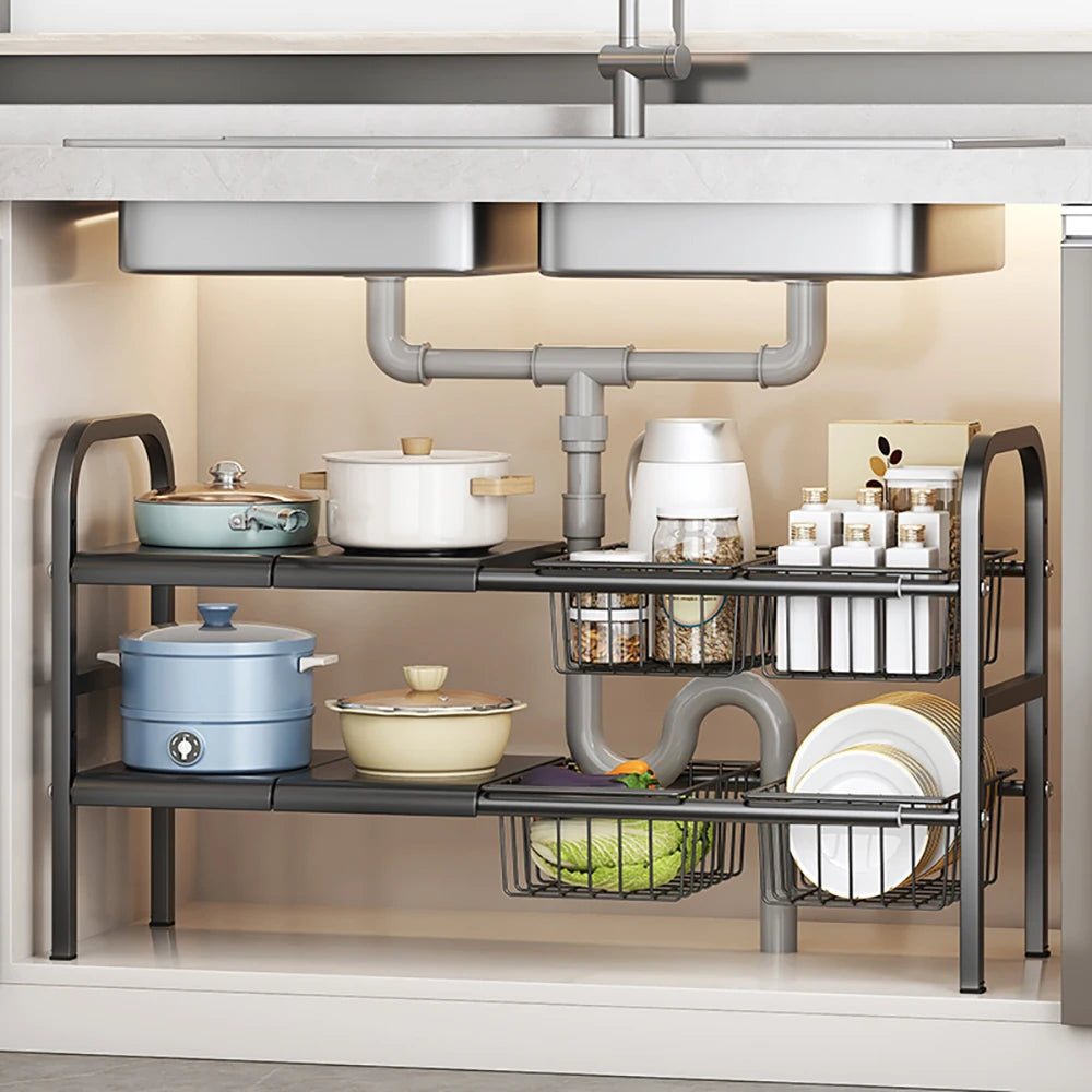 Set Expandable Cabinet Shelf Organizer Storage Rack With Removable Baskets
