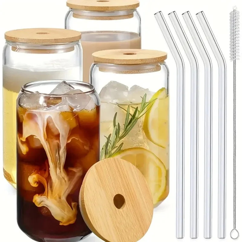 4/6 pieces, glass cup, 17.8 oz/550 ml Mason glass cup with bamboo lid,