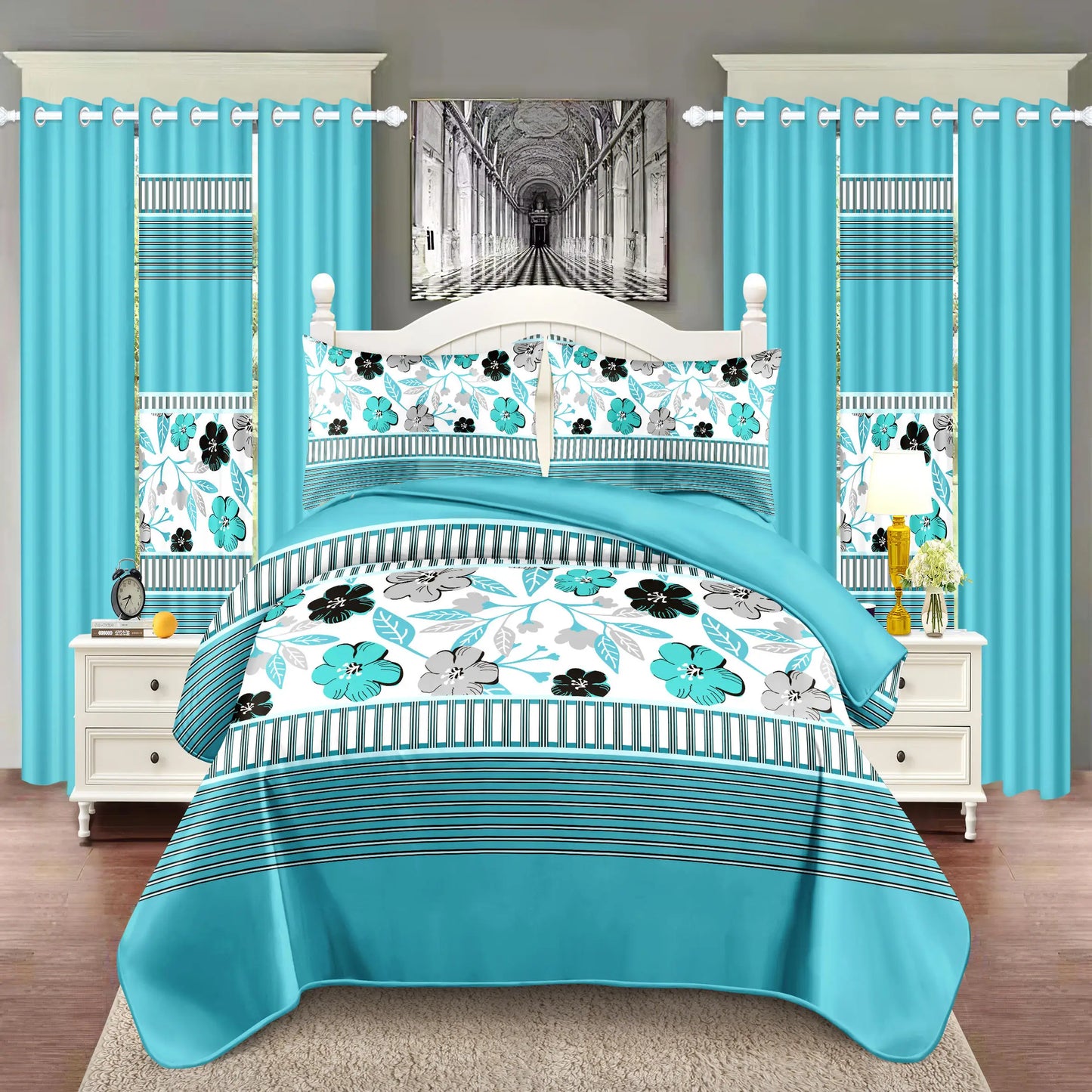 9 Piece Bedspread Set, Blue and White Flower, Inner Filling, Warmth, 3 Piece (1 * Bedspread, 2 * Pillowcase) 6 Piece Curtain Set (2 * Printed Curtain, 4 * Solid Curtain) Bedroom, 86*95.1inch *100 Inch 92*106inch