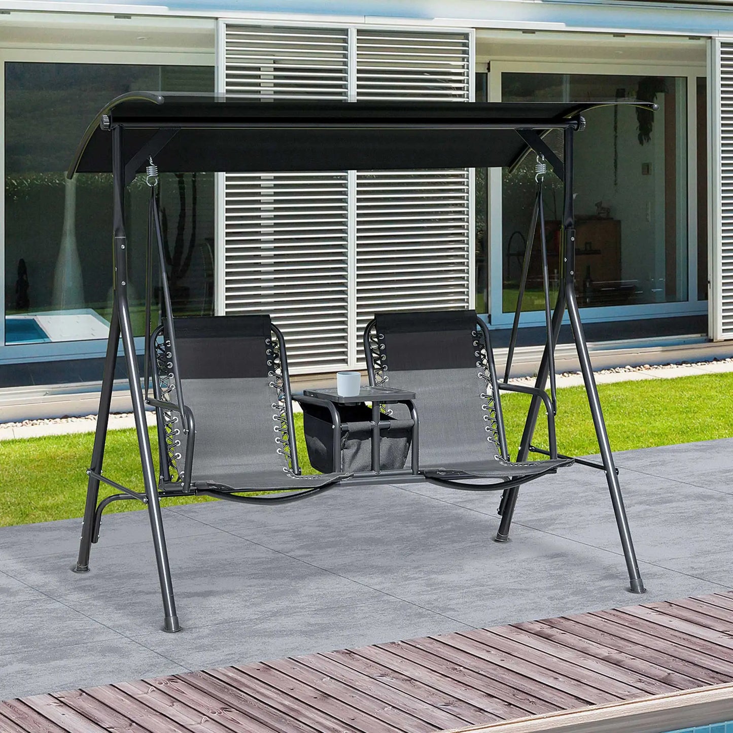 2 Person Outdoor Swing Chair for Porch, Patio, Storage, Tray, Cup Holders, Black