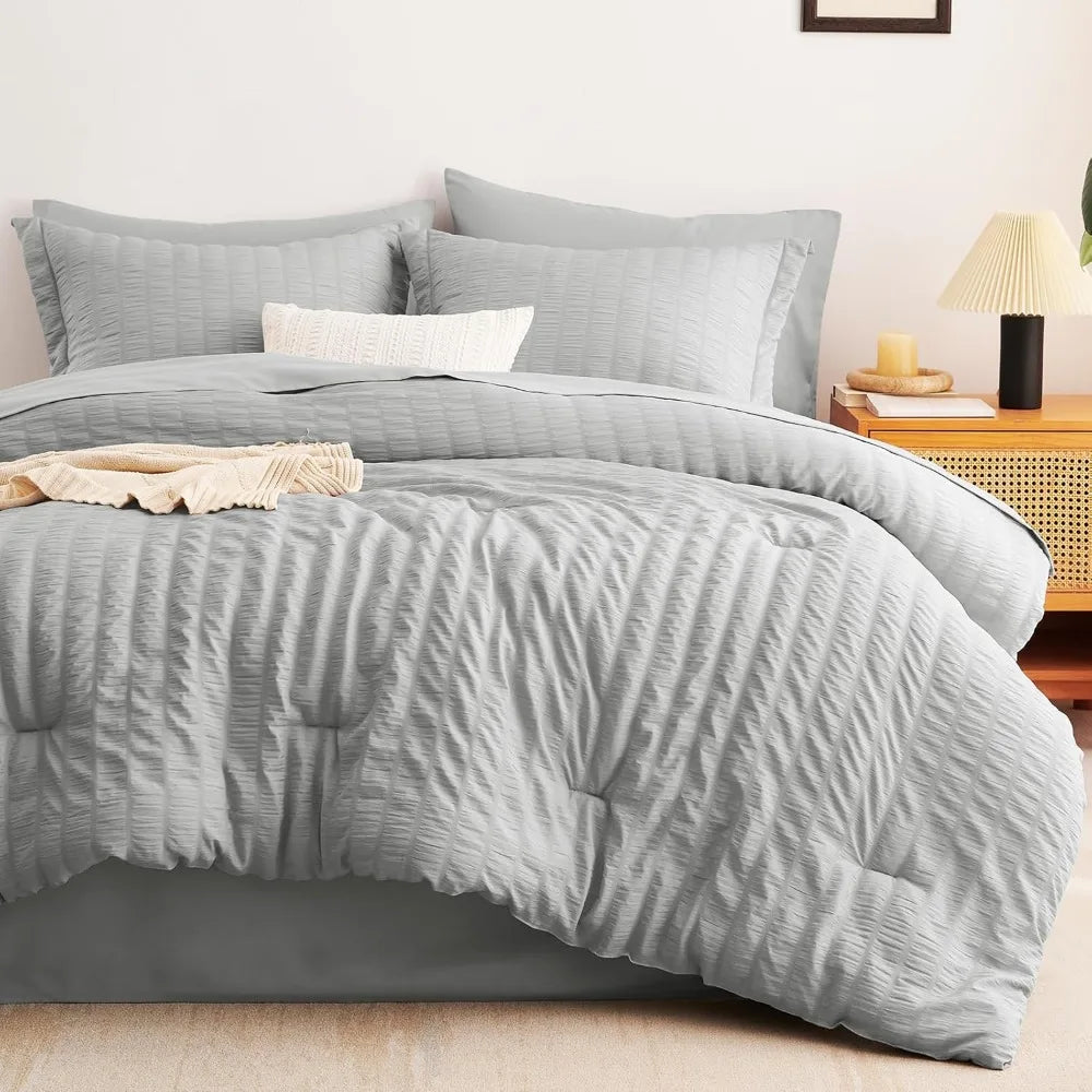 CozyLux King Seersucker Comforter Set with Light Grey Bed in a Bag 7-Pieces All Season Bedding Sets with Comforter, Pillow Sham,