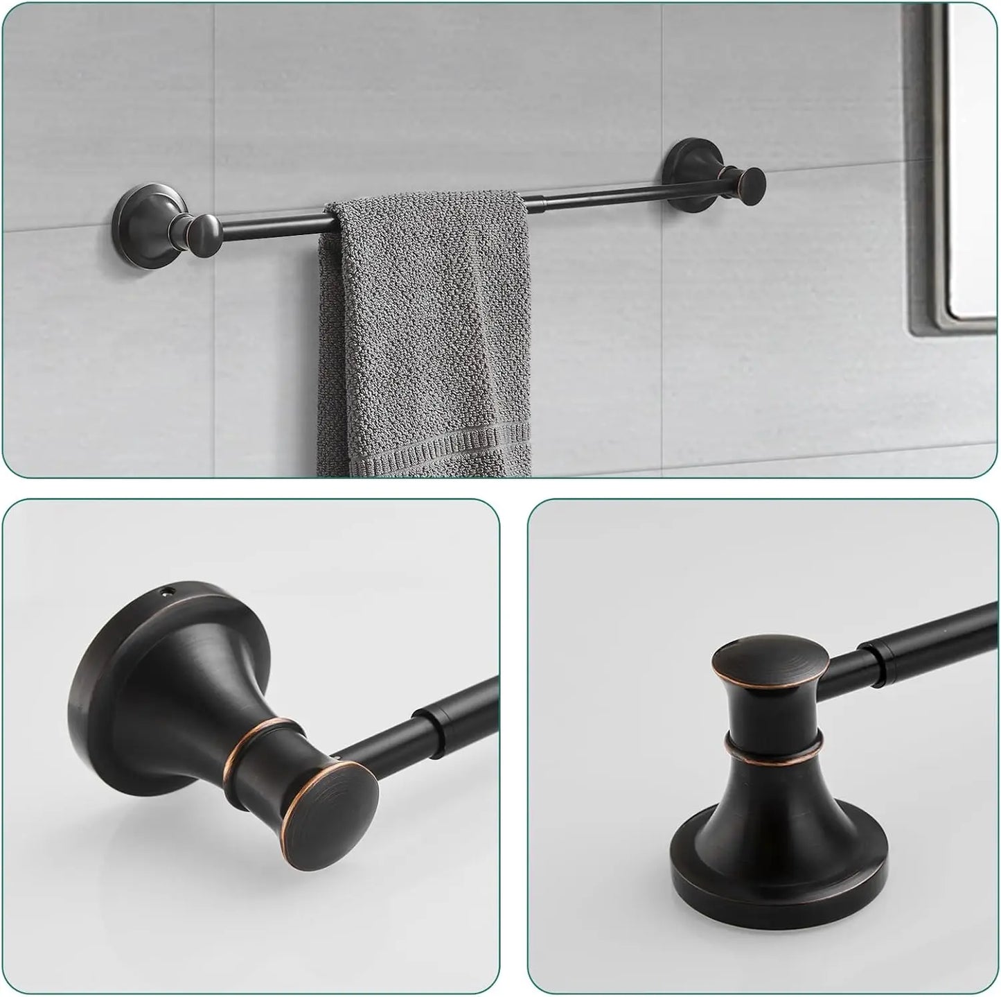 Oil Rubbed Bronze 4-Piece Bathroom Bath Set, Wall Mount Bathroom Hardware Fixture (Adjustable Towel Bar Rack, Towel Ring Holder