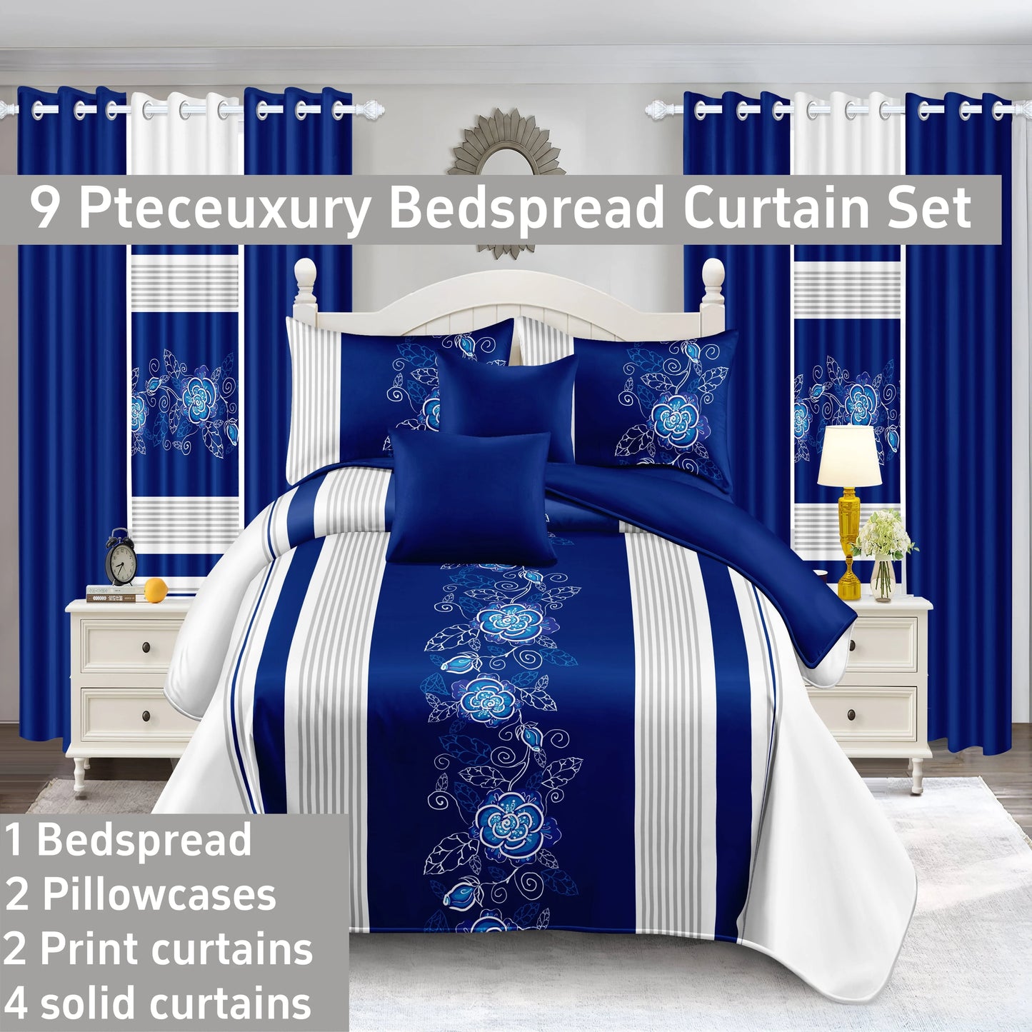 9 Piece Bedspread Set, Blue and White Flower, Inner Filling, Warmth, 3 Piece (1 * Bedspread, 2 * Pillowcase) 6 Piece Curtain Set (2 * Printed Curtain, 4 * Solid Curtain) Bedroom, 86*95.1inch *100 Inch 92*106inch