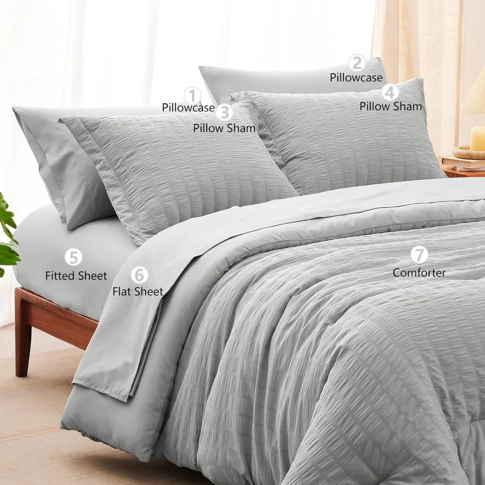 CozyLux King Seersucker Comforter Set with Light Grey Bed in a Bag 7-Pieces All Season Bedding Sets with Comforter, Pillow Sham,
