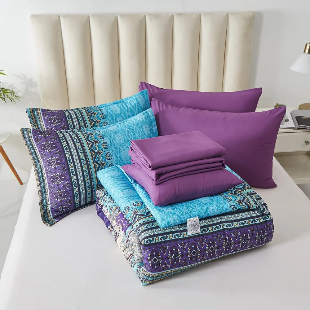 Comforter Set King Size 8 Piece Bed in a Bag, Bohemian Striped Quilt Set, Duvet Cover Sets