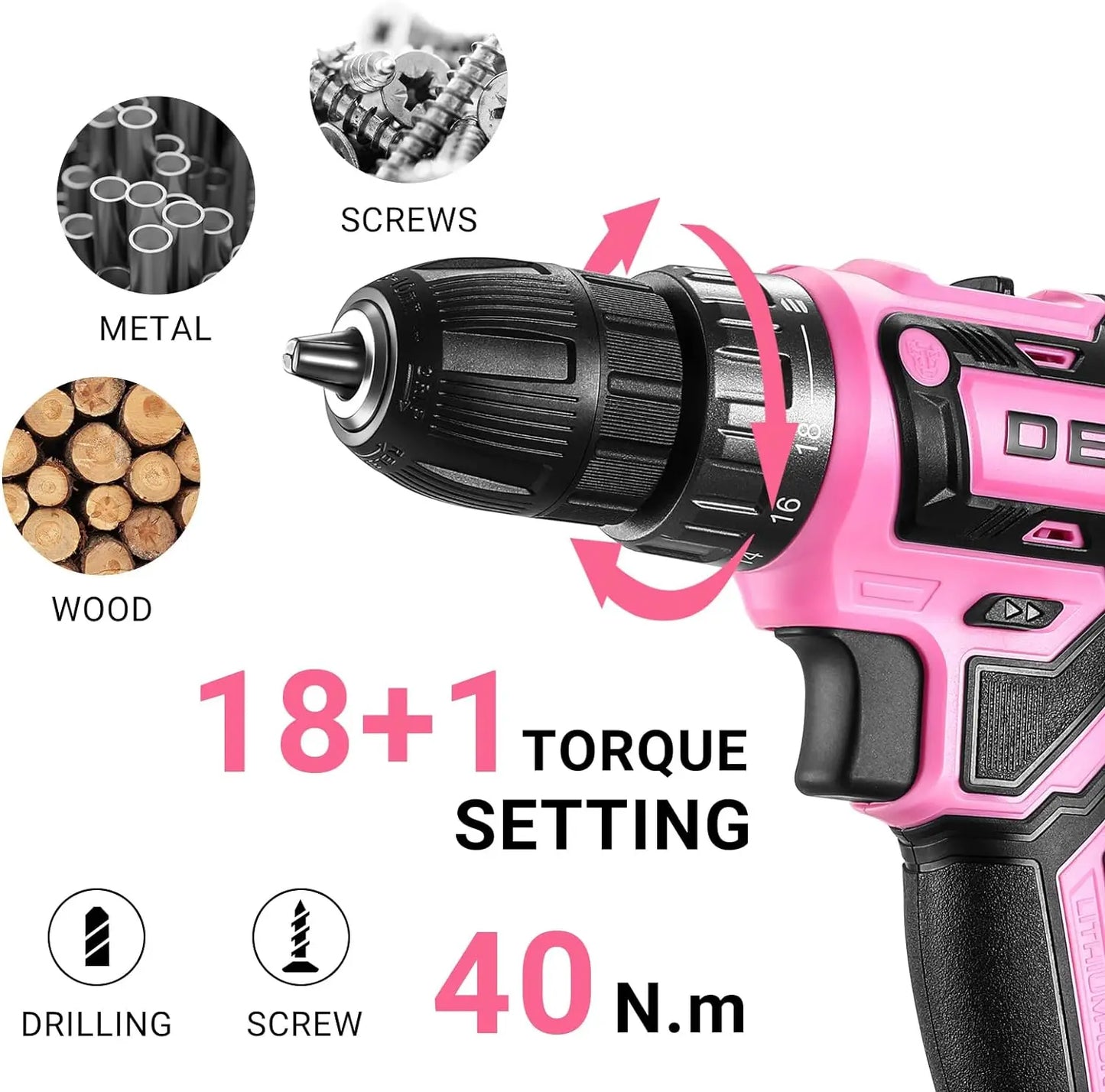 Pink Cordless Drill 20V Electric Power for Women