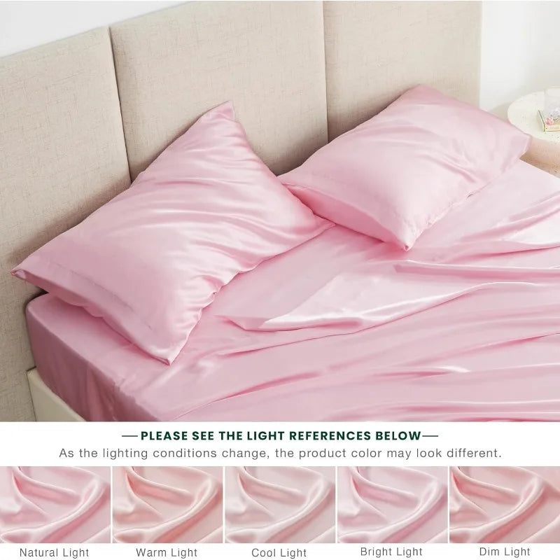 4 Piece Pink Silky Satin Bed Sheets Queen Set with Deep Pocket