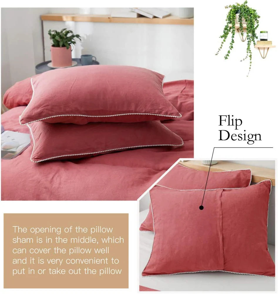 3Pcs 100% Linen Bedding Set, Washed Comforter Boho Breathable Queen King Size Duvet Cover Bed Sheet Pillow Shams