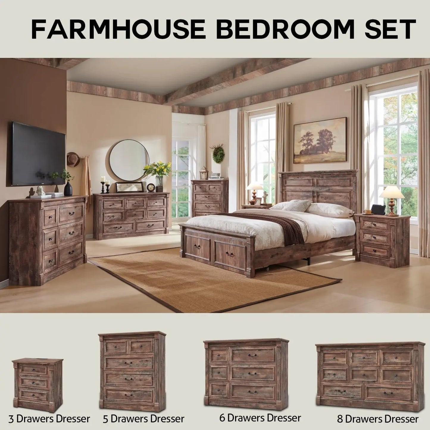 Farmhouse Queen Size Bed Frame, with 51" Tall Headboard, 20" Tall Footboard & 2 Large Storage Drawers