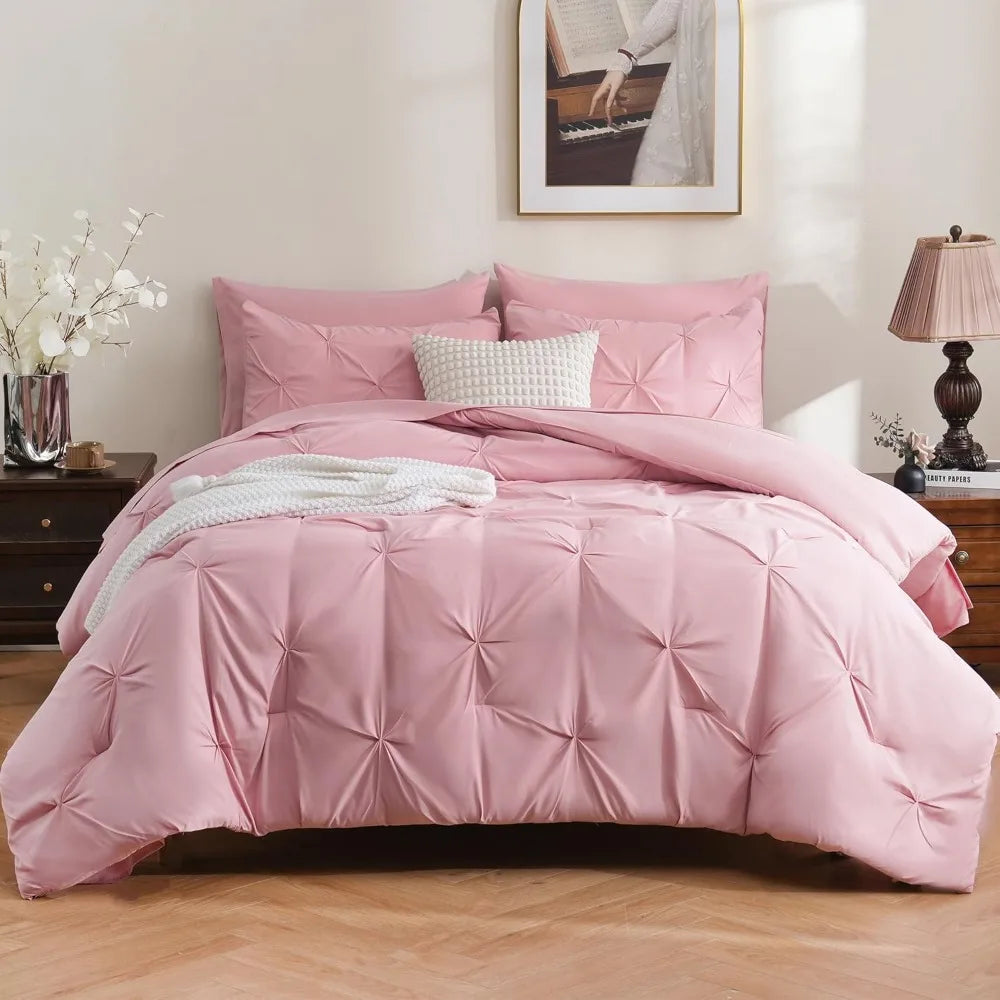 DOWNCOOL 7 Pieces King Size Comforter Set, Pink Pintuck Bed in A Bag, All Season