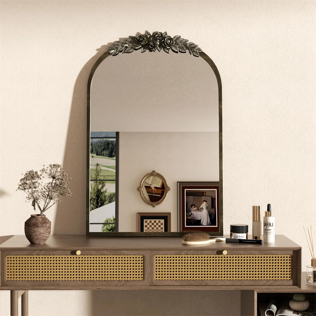 Arched Antique Brass Wall Mirror, Metal Frame Adorned with Resin Rose Pattern