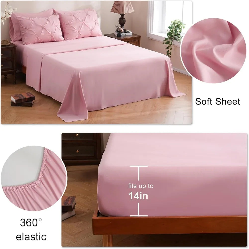 DOWNCOOL 7 Pieces King Size Comforter Set, Pink Pintuck Bed in A Bag, All Season