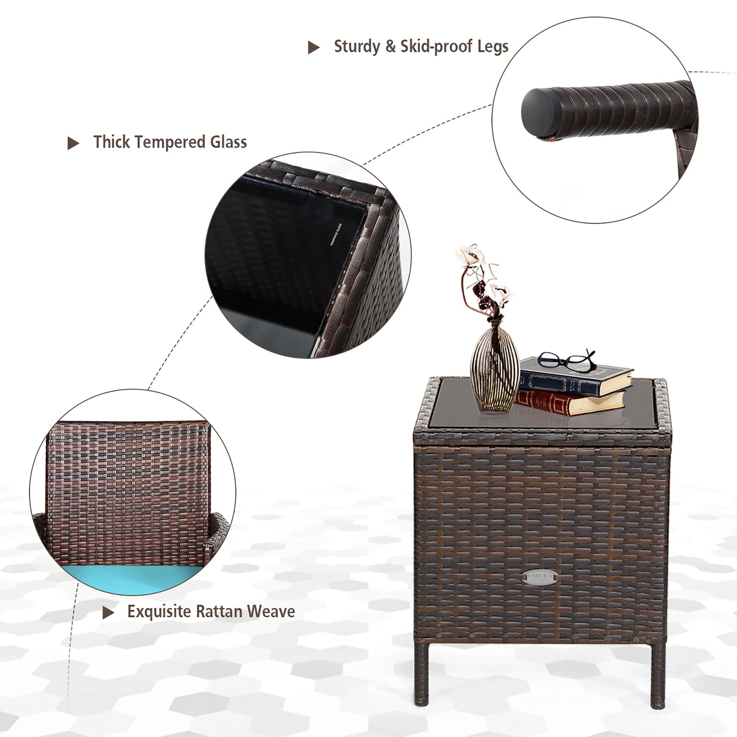 3 PCS Rattan Furniture Set with Cushions and glass top table.