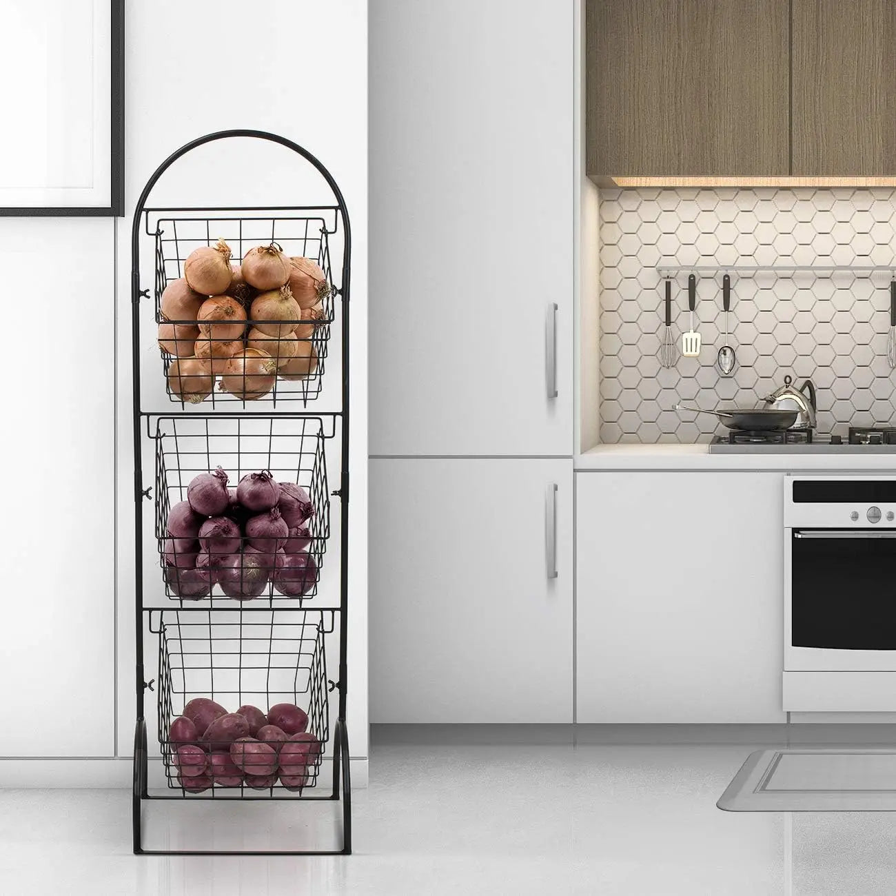 3-Tier Metal Wire Market Basket Storage Stand for Fruit, Vegetables, Snacks, Toiletries
