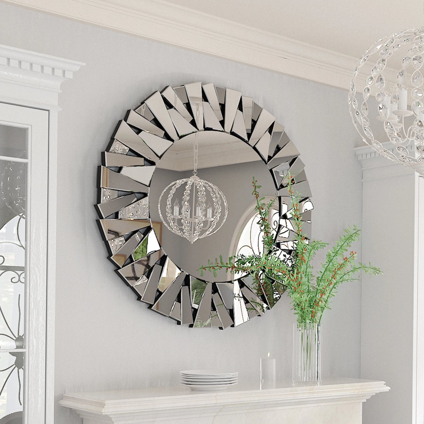 32" Decorative Round Wall Mirror with Modern Silver Glass Wall-Mounted Beveled Hanging Circle Accents