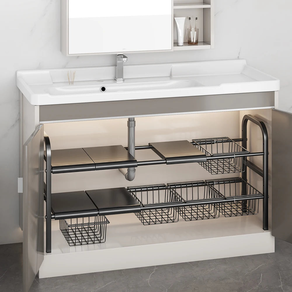 Set Expandable Cabinet Shelf Organizer Storage Rack With Removable Baskets