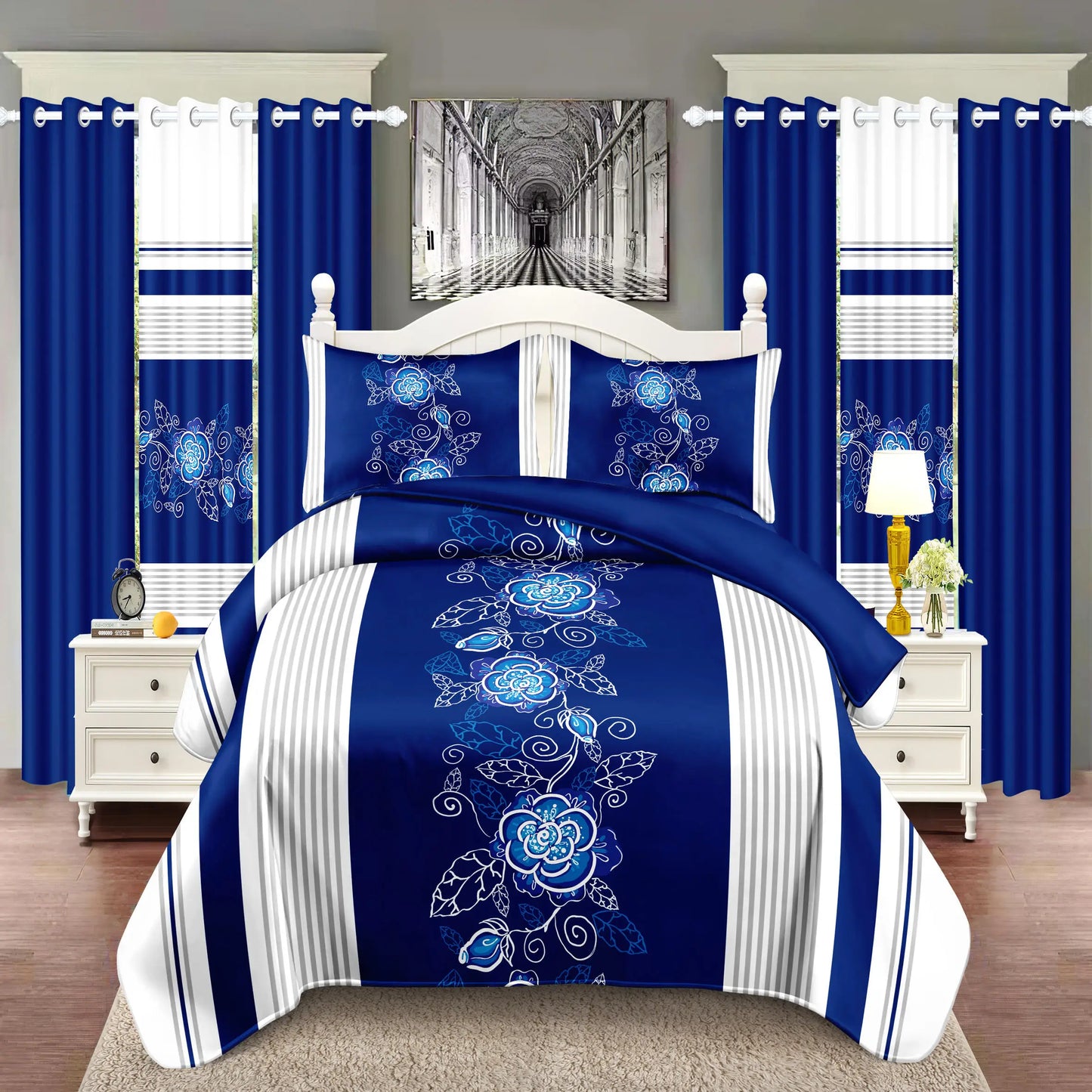 9 Piece Bedspread Set, Blue and White Flower, Inner Filling, Warmth, 3 Piece (1 * Bedspread, 2 * Pillowcase) 6 Piece Curtain Set (2 * Printed Curtain, 4 * Solid Curtain) Bedroom, 86*95.1inch *100 Inch 92*106inch