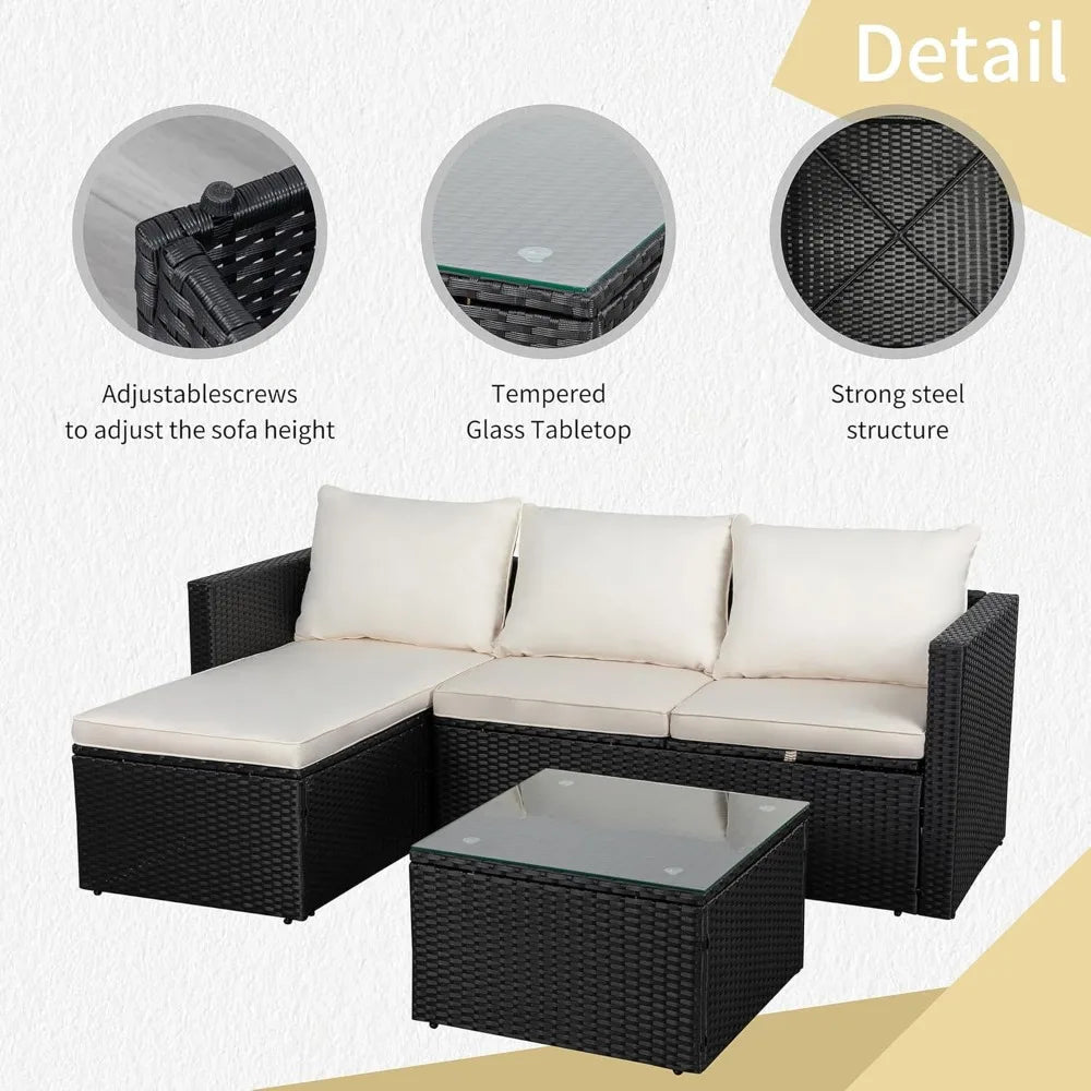3 PC Sectional Furniture Set with All-Weather Wicker Rattan with Glass Table Top