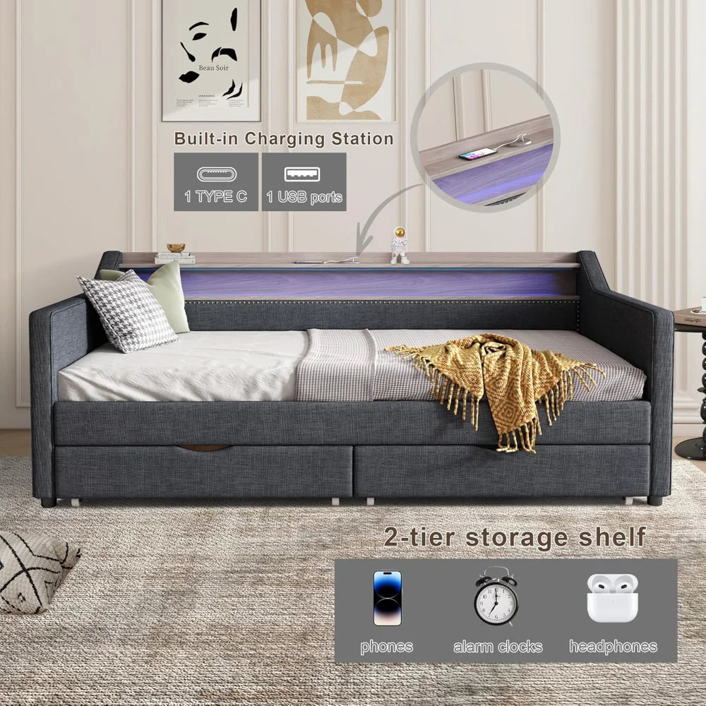 Twin Size Daybed with Storage, with 2 Drawers, Daybed Frame with USB Port and Smart LED Light, Slat Support, Dark Grey