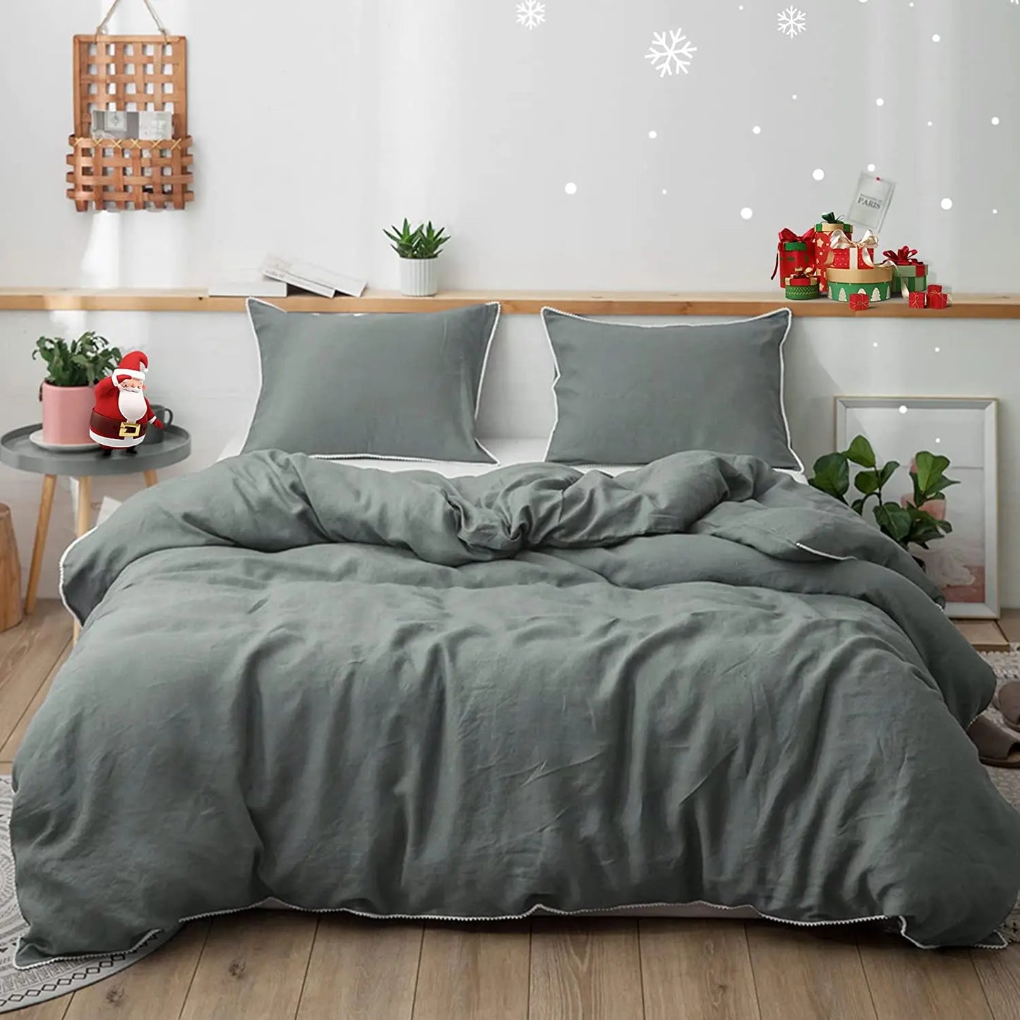 3Pcs 100% Linen Bedding Set, Washed Comforter Boho Breathable Queen King Size Duvet Cover Bed Sheet Pillow Shams