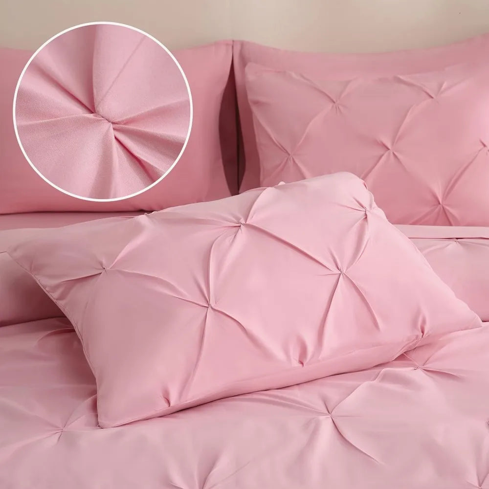 DOWNCOOL 7 Pieces King Size Comforter Set, Pink Pintuck Bed in A Bag, All Season