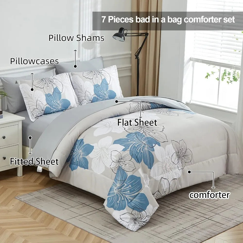 Comforter Set Queen Size, Blue Floral Comforter and Sheet Set, 7 Pieces Bed in a Bag Soft Microfiber Complete Duvet Cover Set