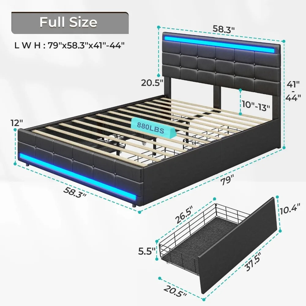 LED Lights Headboard and Footboard, Square Stitched Button Tufted Design, Upholstered Platform Bed Frame