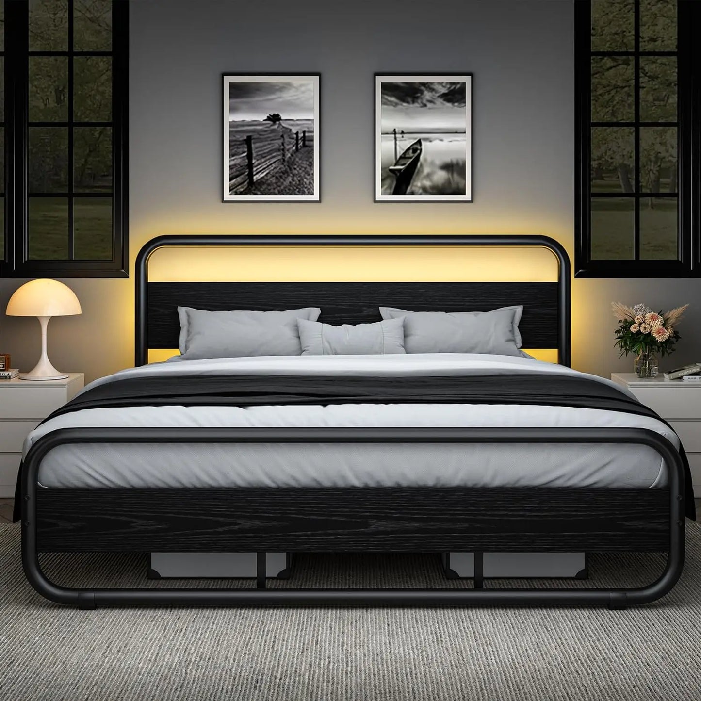 King Size Metal Bed Frame with LED Headboard and Footboard, Rustic Industrial Heavy Frame