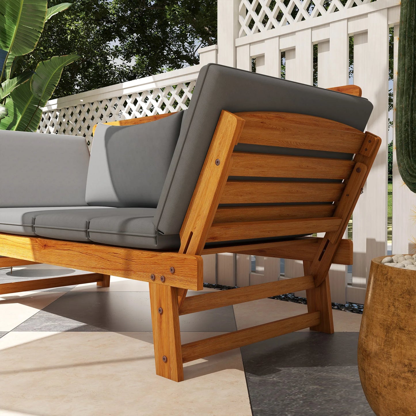 Wooden Garden Bench w/ Cushions, Gray