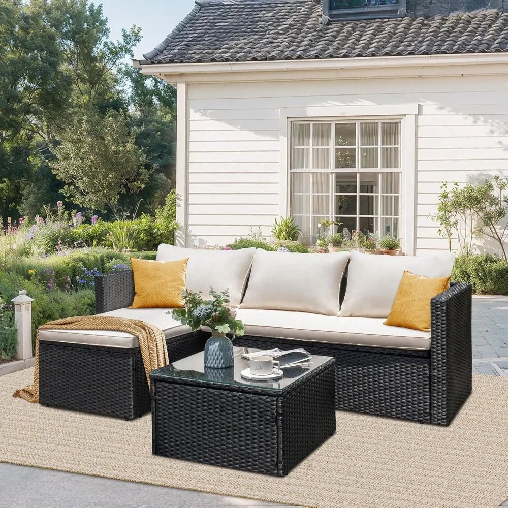 3 PC Sectional Furniture Set with All-Weather Wicker Rattan with Glass Table Top