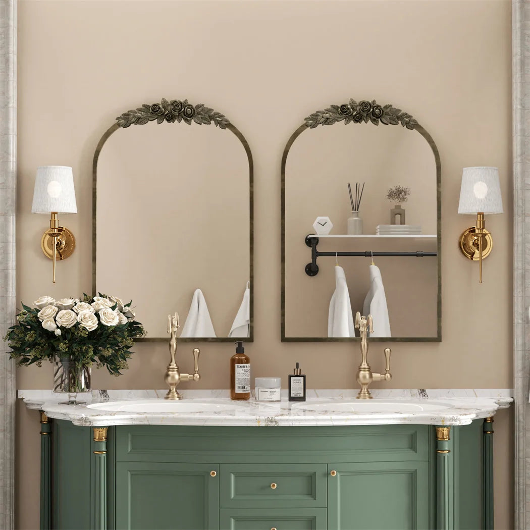 Arched Antique Brass Wall Mirror, Metal Frame Adorned with Resin Rose Pattern