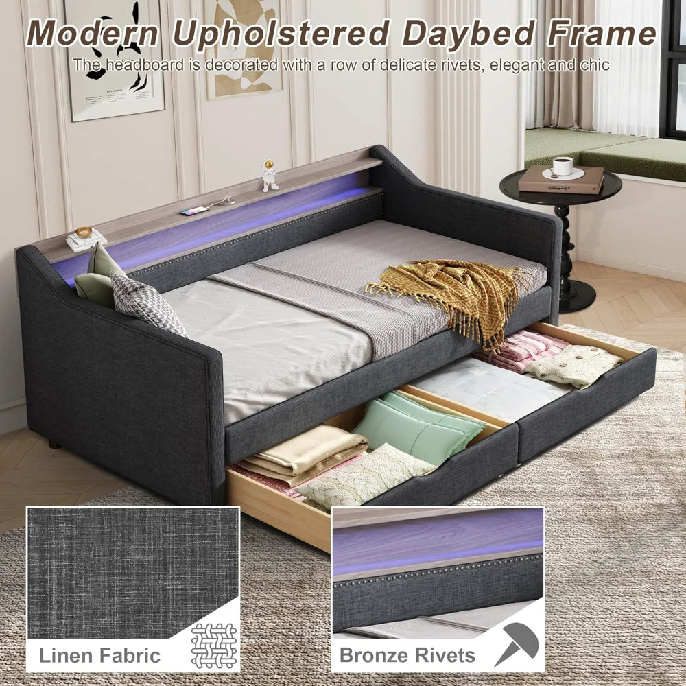 Twin Size Daybed with Storage, with 2 Drawers, Daybed Frame with USB Port and Smart LED Light, Slat Support, Dark Grey